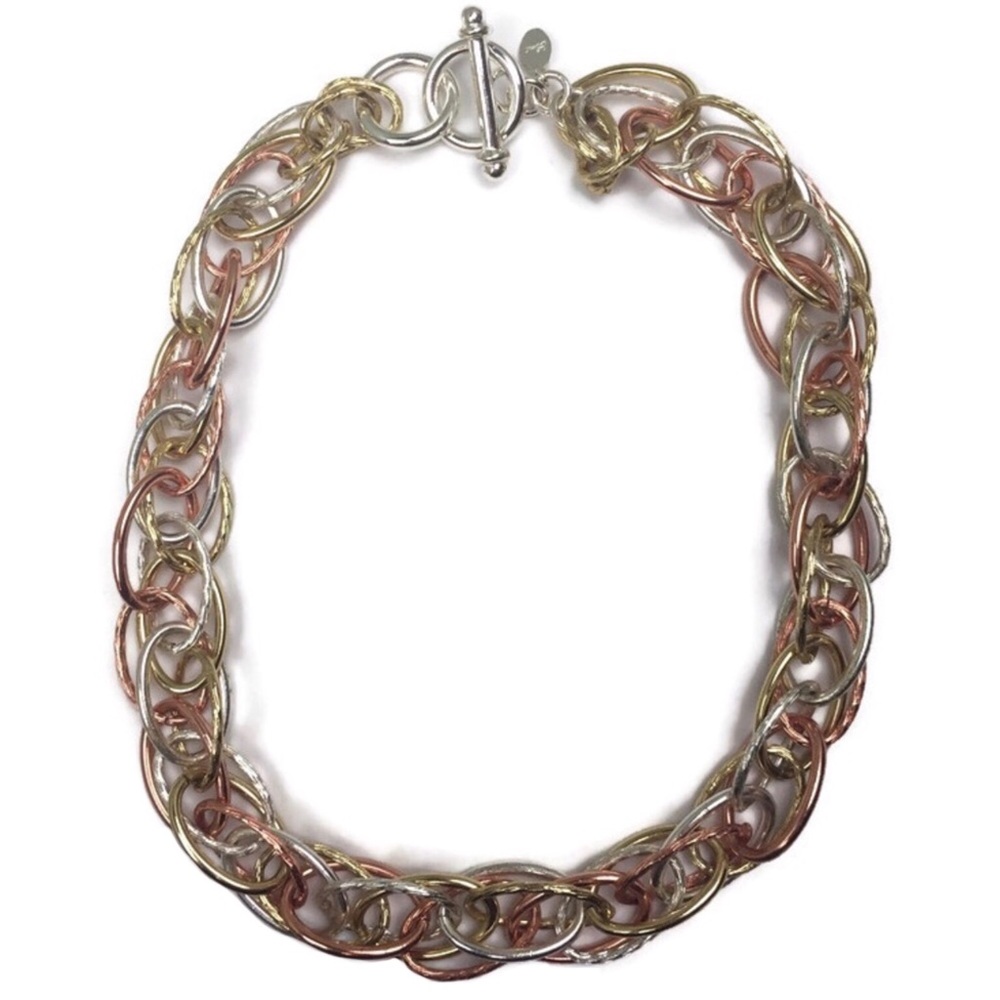 Tri-Color Interlocking Ring Chain Toggle Necklace - image 1